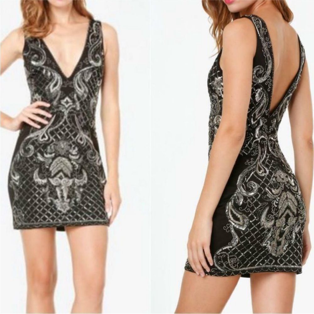 Bebe Chic Black and Silver Backless embroidered/beaded Dress, S